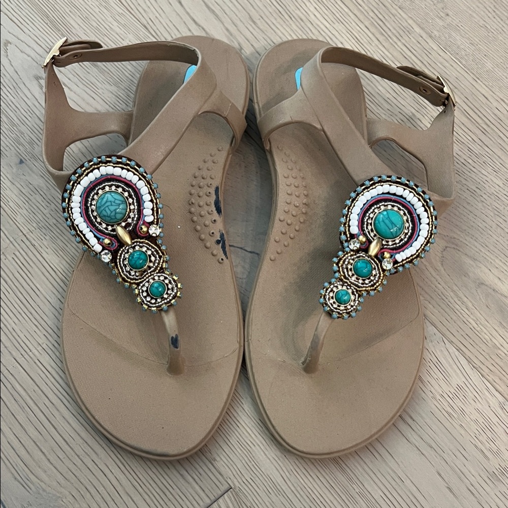 OKA b. Tan Sandals with Turquoise Beading